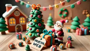 Escena navideña con Árbol, Santa Claus, regalos, nueva web y casa de jengibre.